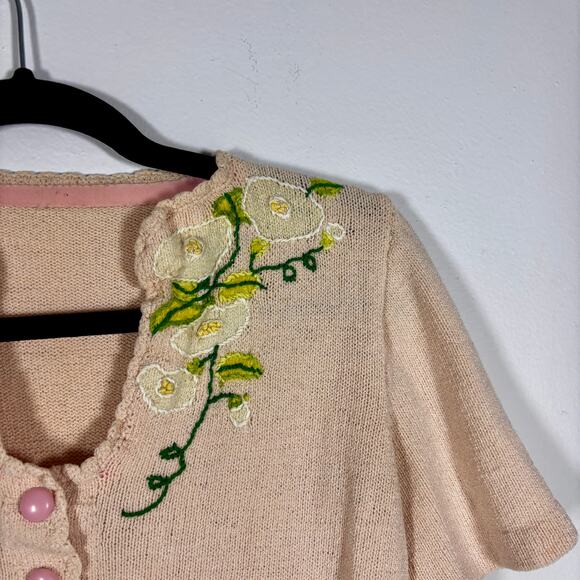 Vintage 1980s Cottage Core Sweater Pale Pink Green Floral Embroidery AS IS - Picture 5 of 15